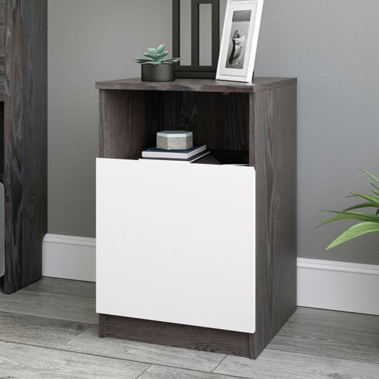 Hudson Wooden Bedside Cabinet In Charcoal Ash And Pearl Oak