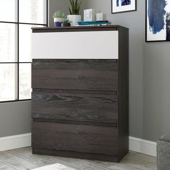 Photo of Hudson wooden chest of 4 drawers in charcoal ash and pearl oak