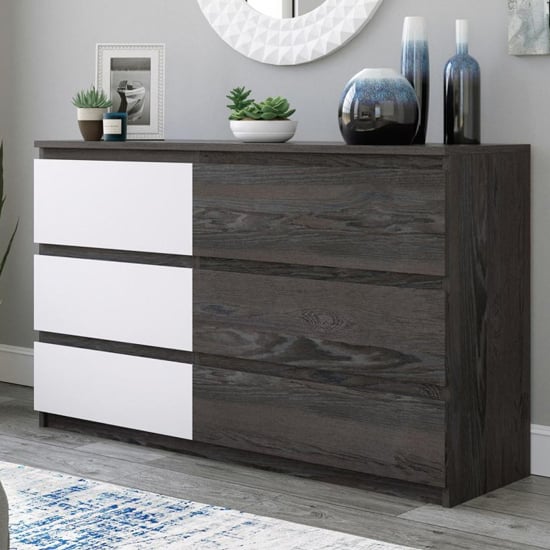 Photo of Hudson wooden chest of 6 drawers in charcoal ash and pearl oak