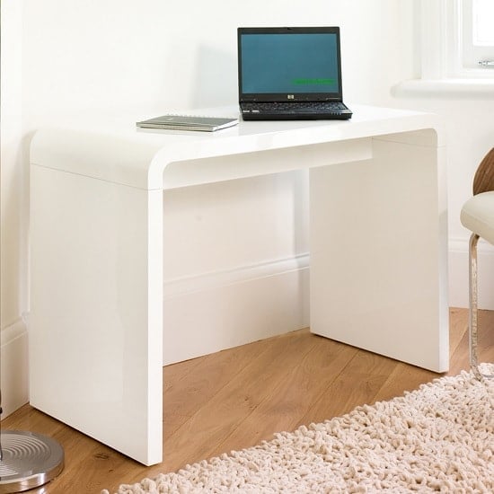High Gloss Computer Desk In White, White Desk 100cm Wide With Drawers And