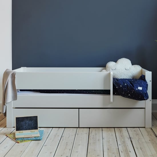 Huia Kids Day Bed With Saftey Rail And Drawers In White