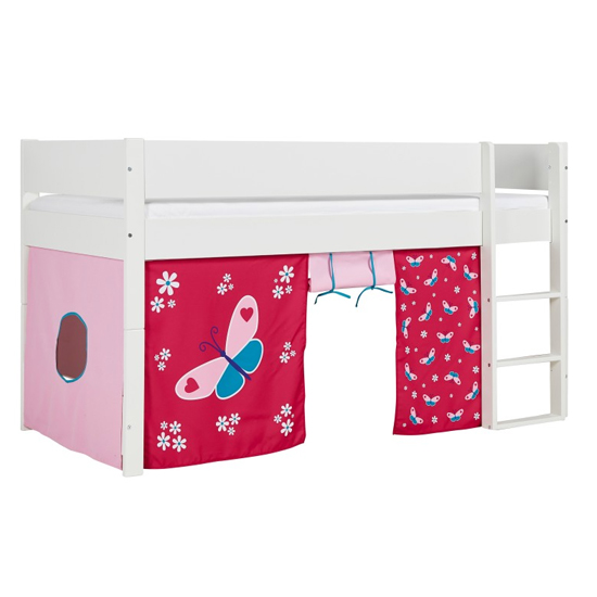 Huia Kids Mid Sleeper Bunk Bed In White And Butterfly Curtain_1