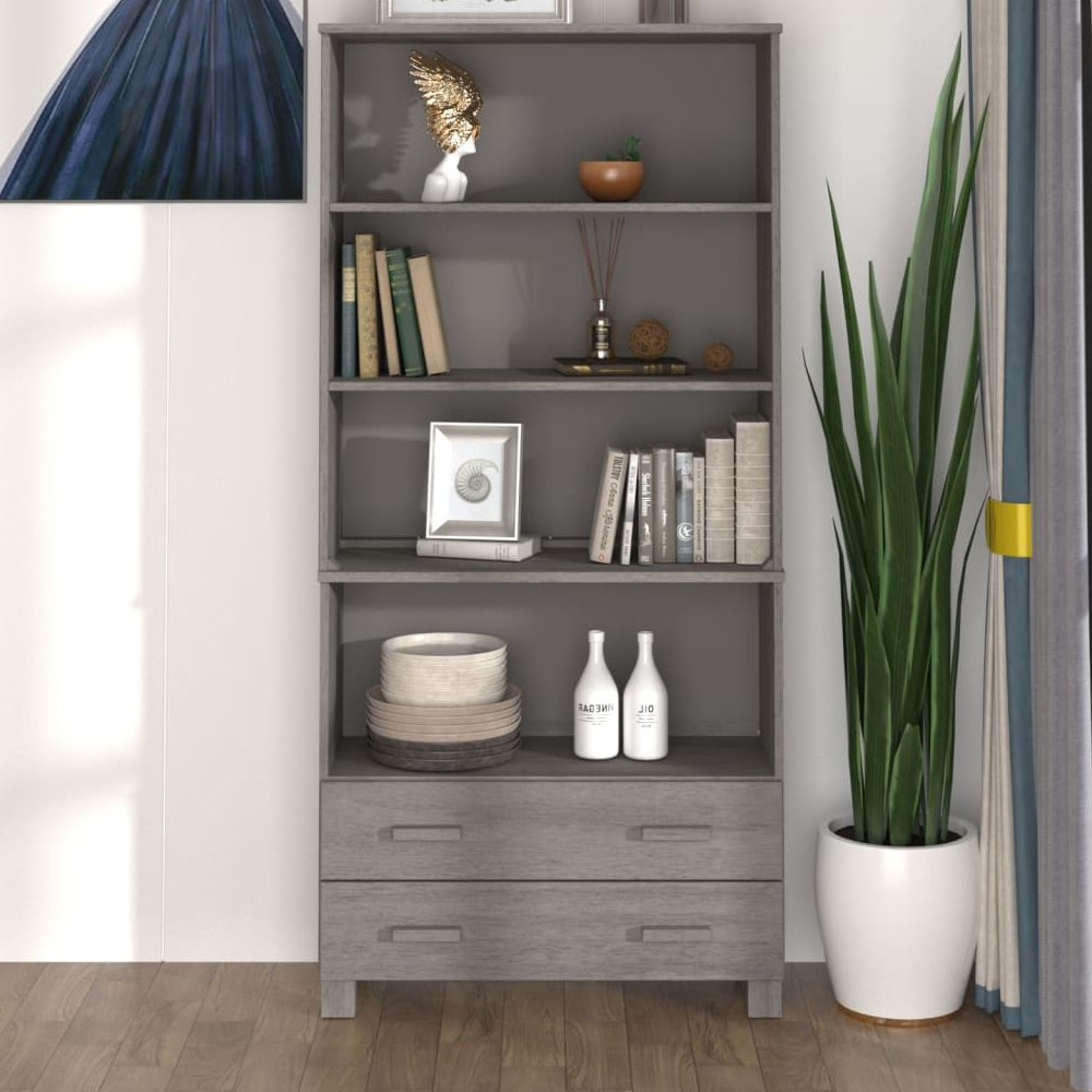 Read more about Hull wooden bookcase wide with 2 drawers in light grey