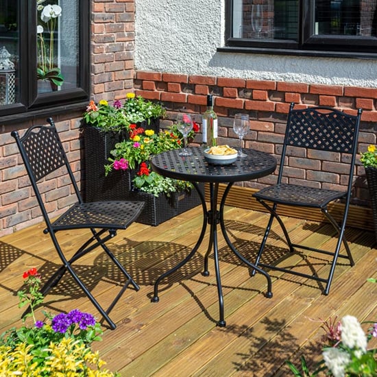 Product photograph of Hunstanton Metal Lattice Design Garden Bistro Set In Matt Black from Furniture in Fashion