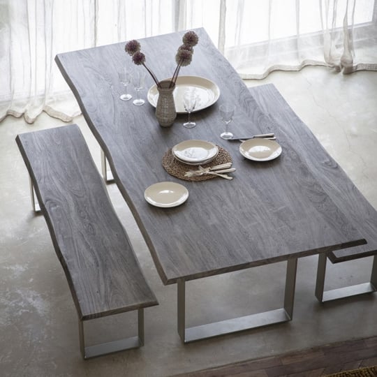 View Huntington wooden dining table in grey with metal stand