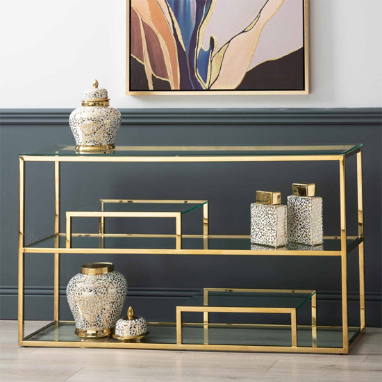 Huron Clear Glass Console Table With 3 Shelves In Gold Frame ...
