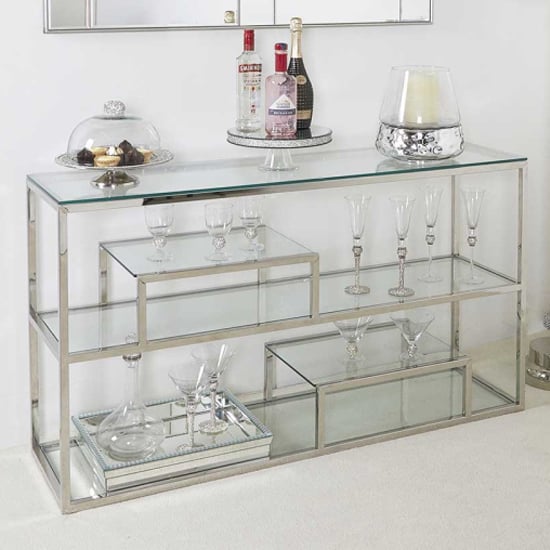 Product photograph of Huron Clear Glass Console Table With 3 Shelves In Silver Frame from Furniture in Fashion