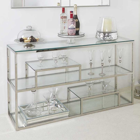 Huron Clear Glass Console Table With 3 Shelves In Silver Frame thumbnail