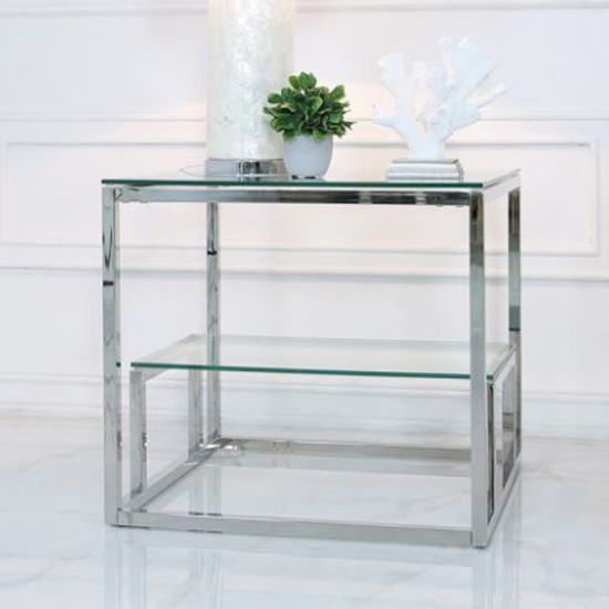 Huron Clear Glass End Table With 1 Shelf In Shiny Chrome Frame