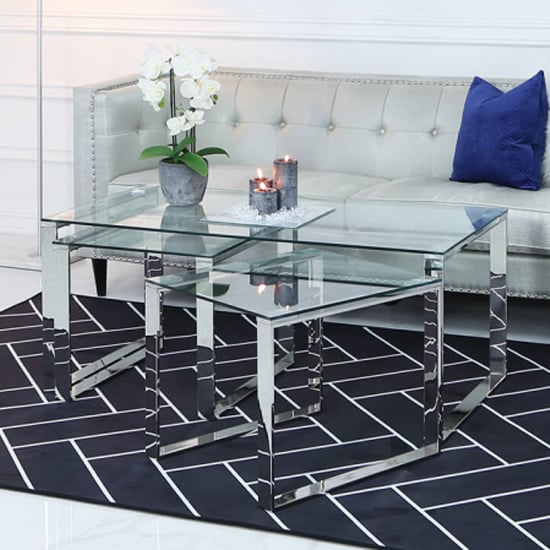 Product photograph of Huron Clear Glass Set Of 3 Coffee Tables In Shiny Chrome Frame from Furniture in Fashion