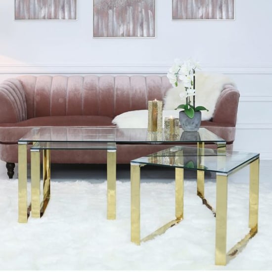 Product photograph of Huron Clear Glass Set Of 3 Coffee Tables In Shiny Gold Frame from Furniture in Fashion