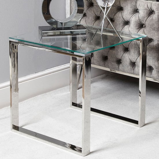 Photo of Huron clear glass top end table in shiny chrome frame