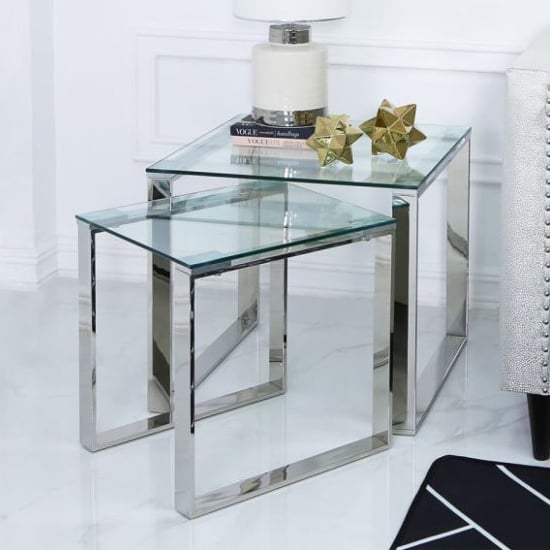 Product photograph of Huron Clear Glass Top Nest Of 2 Table With Shiny Chrome Frame from Furniture in Fashion