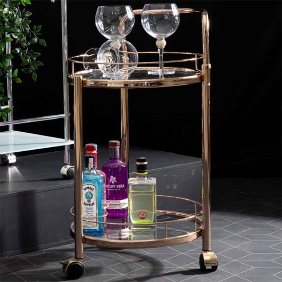 Product photograph of Huron Drinks Trolley Round With Glass Shelves In Rose Gold from Furniture in Fashion