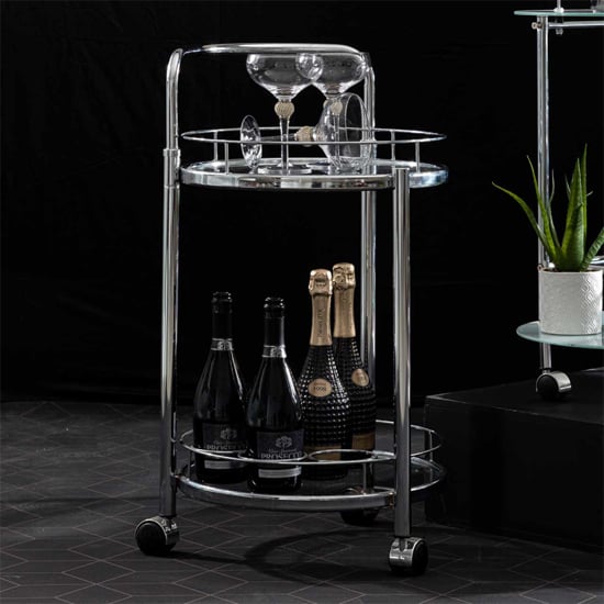 Product photograph of Huron Drinks Trolley Round With Glass Shelves In Shiny Chrome from Furniture in Fashion