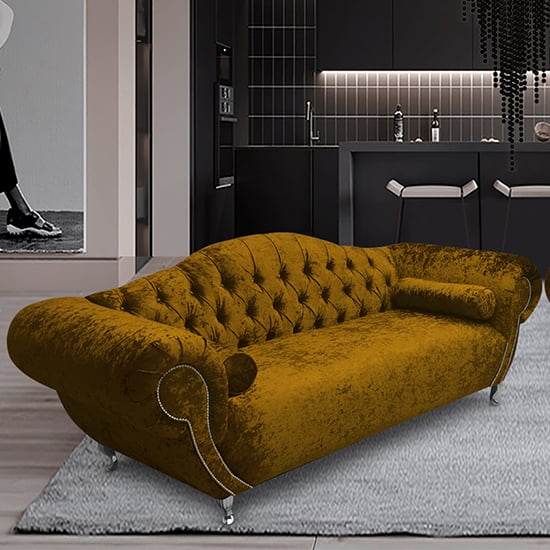 Product photograph of Huron Malta Plush Velour Fabric 3 Seater Sofa In Gold from Furniture in Fashion