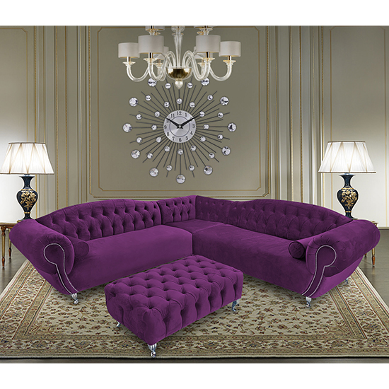 Huron Malta Plush Velour Fabric Corner Sofa In Boysenberry