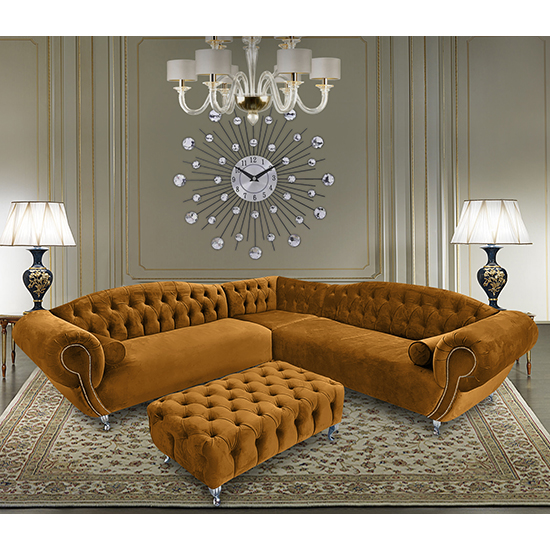 Product photograph of Huron Malta Plush Velour Fabric Corner Sofa In Gold from Furniture in Fashion