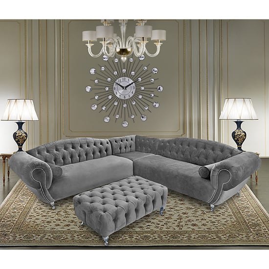 Huron Malta Plush Velour Fabric Corner Sofa In Grey