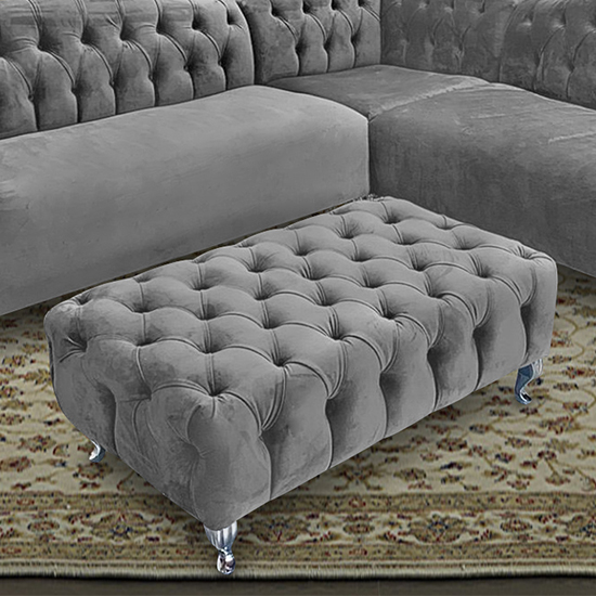 Huron Malta Plush Velour Fabric Footstool In Grey