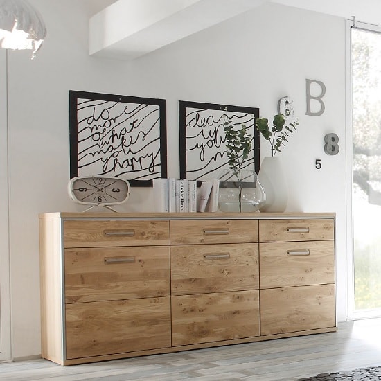 Huxley Wooden Sideboard In Bianco Oak With 3 Doors Furniture in Fashion