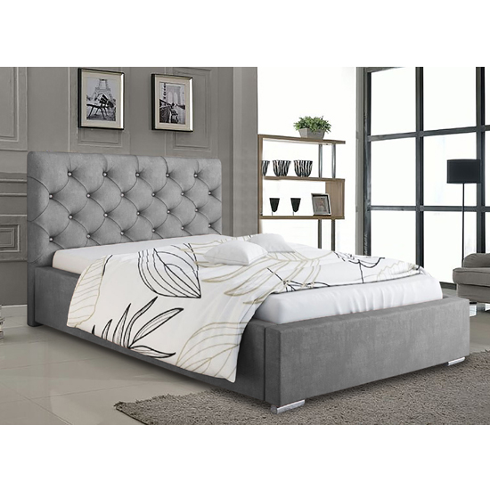 Hyannis Plush Velvet Small Double Bed In Grey Furniture in Fashion