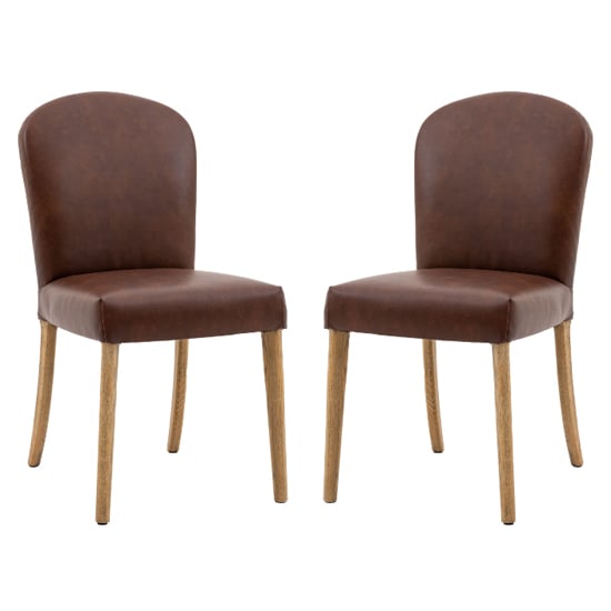 Read more about Hyeres antique brown leather dining chairs with oak legs in pair