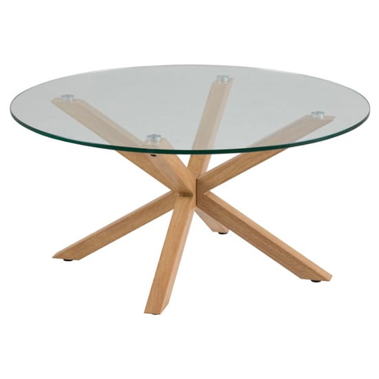 Product photograph of Hyeres Clear Glass Dining Table Round With Oak Legs from Furniture in Fashion