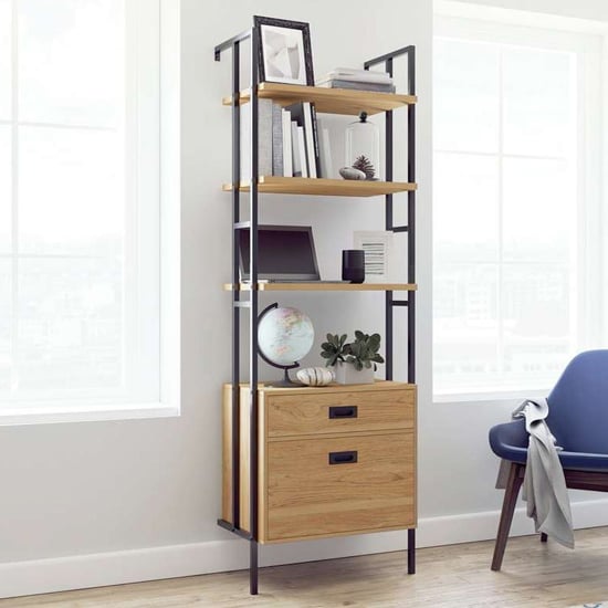 Photo of Hythe wall mounted wooden bookcase with drawer in walnut