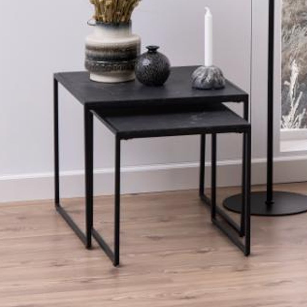 Ibiza Wooden Nest Of 2 Tables In Black Izmir Marble Effect