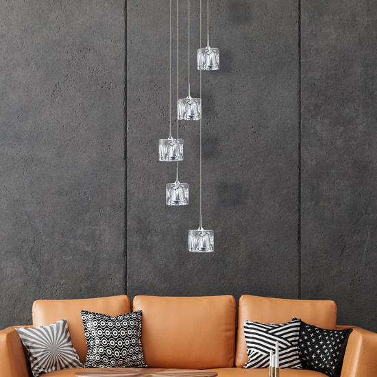 Ice Cube LED 5 Lights Multi Drop Pendant Light In Chrome_2