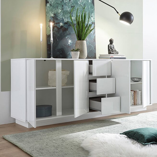 Iconic High Gloss Sideboard With 4 Doors 3 Drawers In White