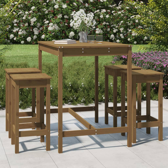 Product photograph of Ida Solid Pinewood 5 Piece Garden Bar Set In Honey Brown from Furniture in Fashion