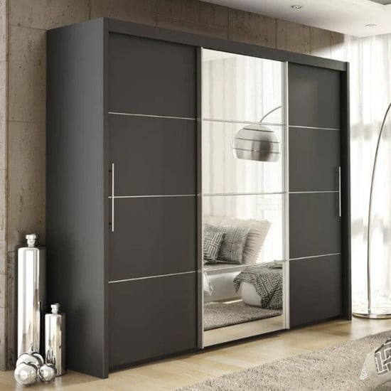 Product photograph of Idaho Mirrored Wardrobe With 3 Sliding Doors In Graphite from Furniture in Fashion