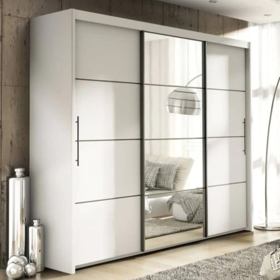 Photo of Idaho mirrored wardrobe with 3 sliding doors in matt white