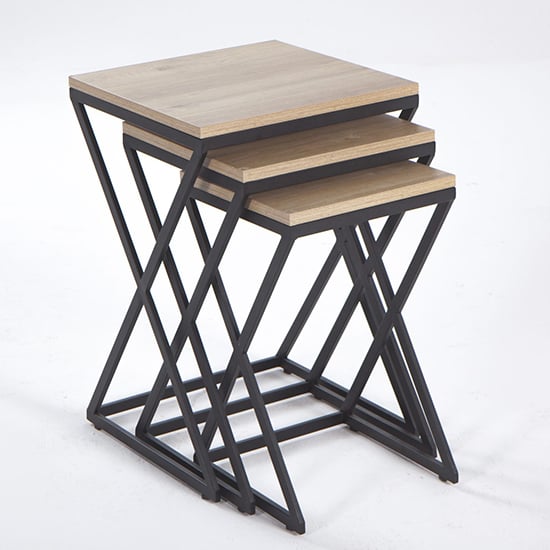Photo of Idra oak effect top nest of 3 tables with black metal frame