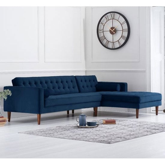 Omak Velvet Right Facing Corner Chaise Sofa In Blue