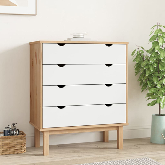 ieva solid pine wood wide chest of 4 drawers in brown and white