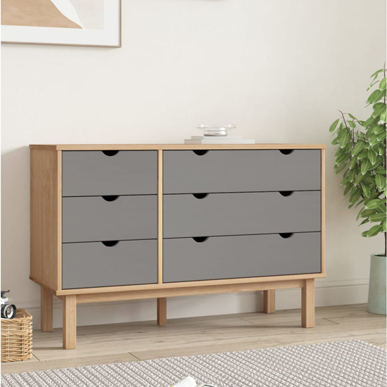 Photo of Ieva solid pine wood wide chest of 6 drawers in brown and grey