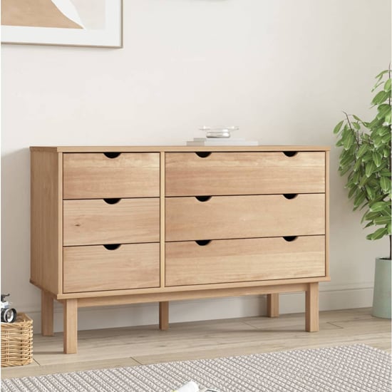 Product photograph of Ieva Solid Pine Wood Wide Chest Of 6 Drawers In Brown from Furniture in Fashion