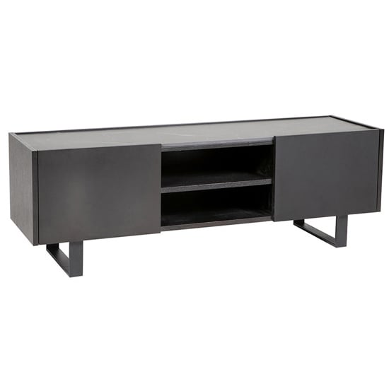 Iker Wooden TV Stand With Grey Stone Top In Black