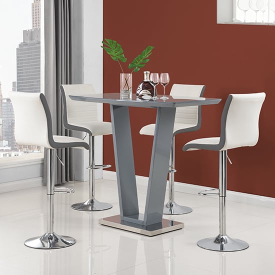 Photo of Ilko grey high gloss bar table with 4 ritz white grey stools