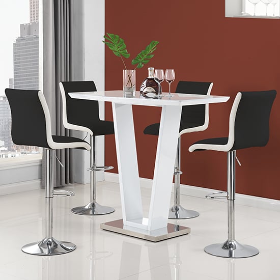 Photo of Ilko white high gloss bar table with 4 ritz black white stools