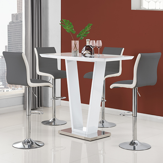 Photo of Ilko white high gloss bar table with 4 ritz grey white stools