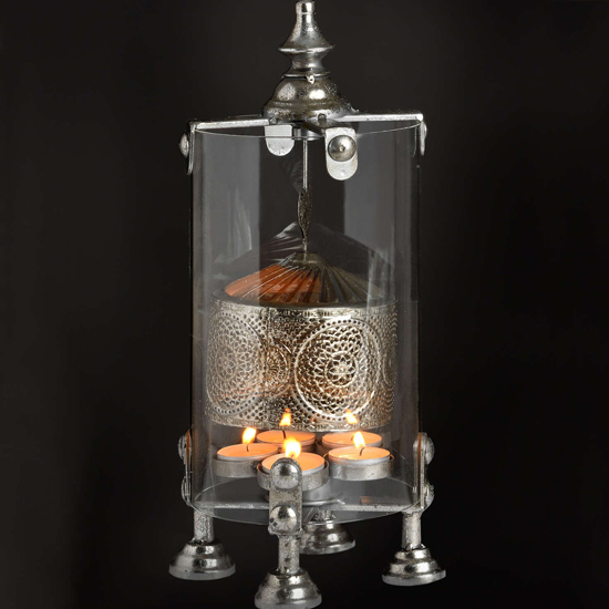 Read more about Illiana glass lantern spinner in antique silver with metal frame