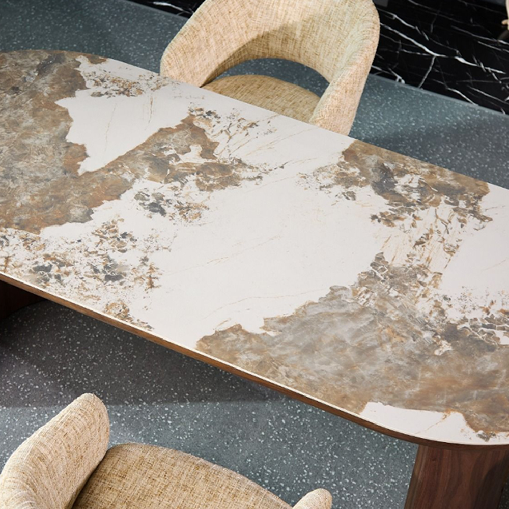 Ilmara Pandora Sintered Stone Top Dining Table with Walnut Wooden Base