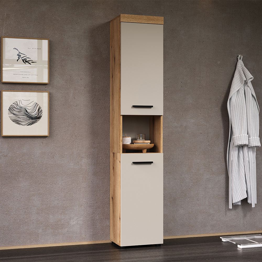 Ilrano Tall Wooden Bathroom Cabinet in Cashmere and Evoke Oak