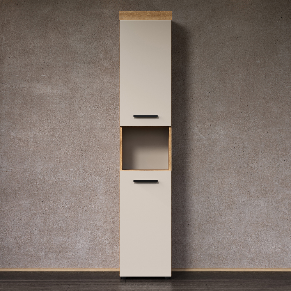 Ilrano Tall Wooden Bathroom Cabinet in Cashmere and Evoke Oak