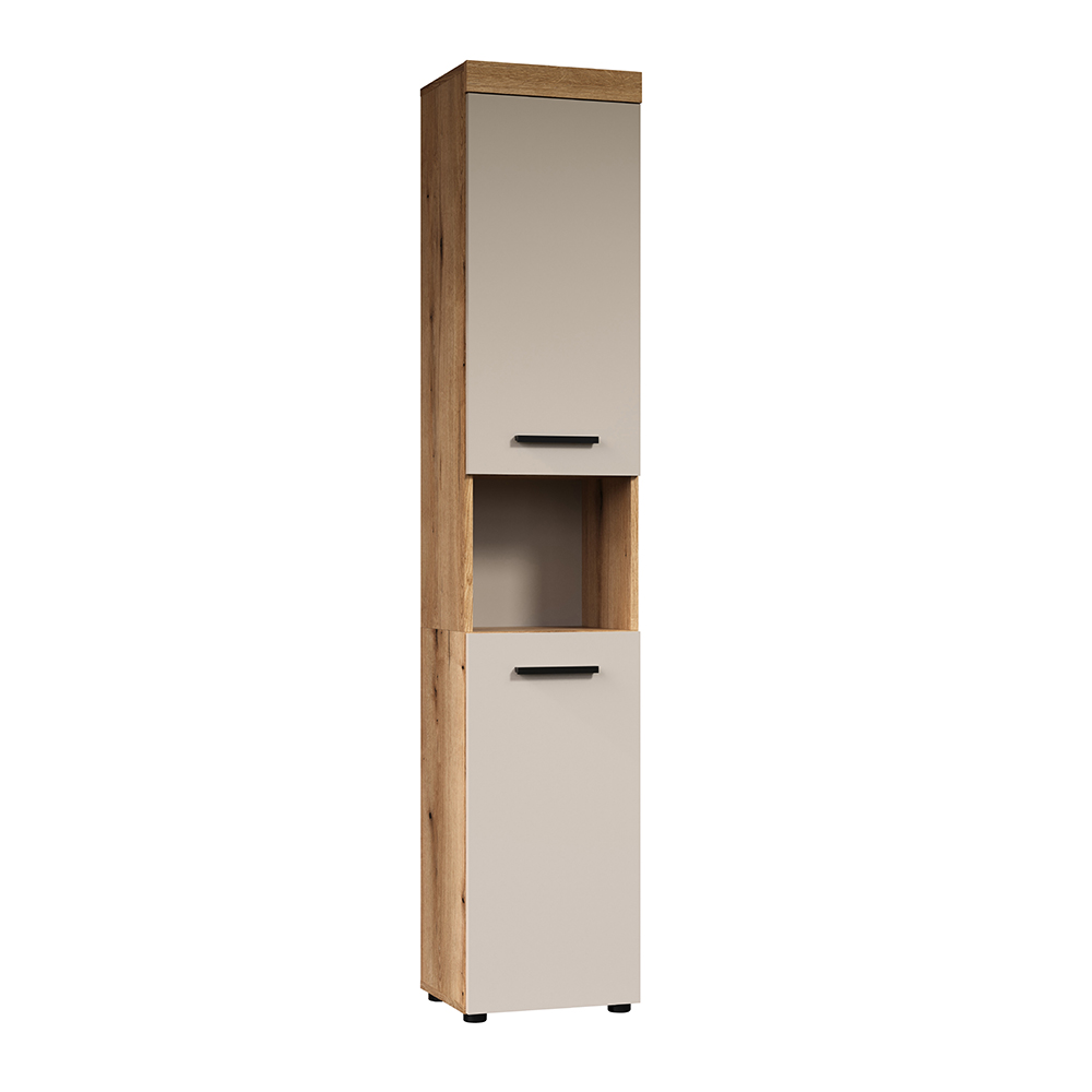 Ilrano Tall Wooden Bathroom Cabinet in Cashmere and Evoke Oak