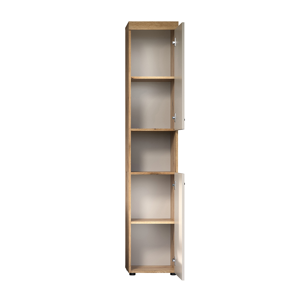 Ilrano Tall Wooden Bathroom Cabinet in Cashmere and Evoke Oak